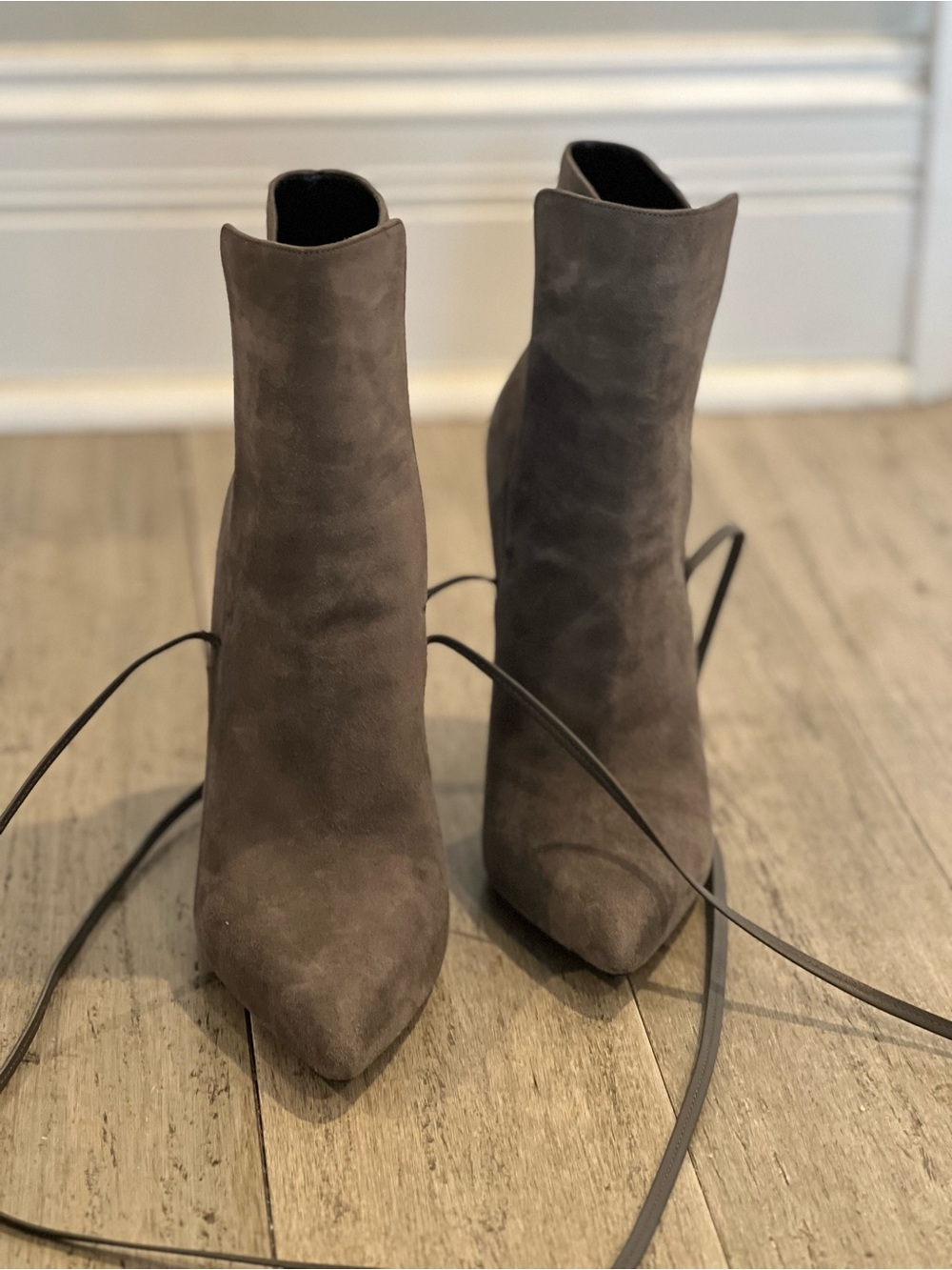 Saint Laurent Taupe Suede Pointed-Toe Ankle Boots